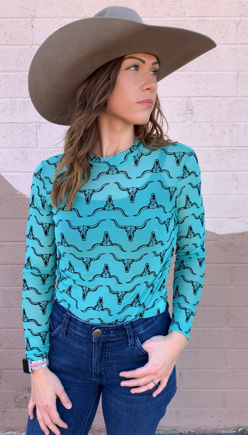 Turquoise Vaca Longsleeve Mesh Top