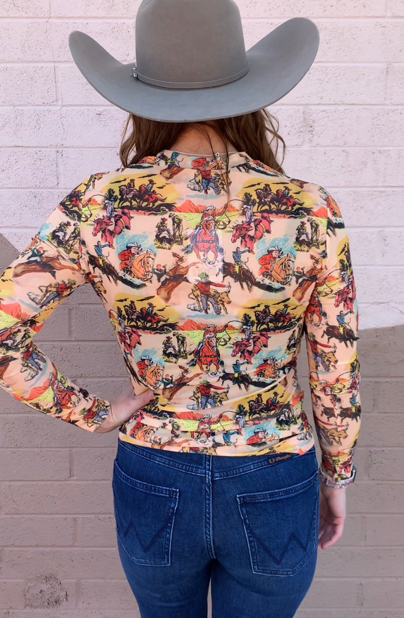 Vintage Cowboy Longsleeve Mesh Top