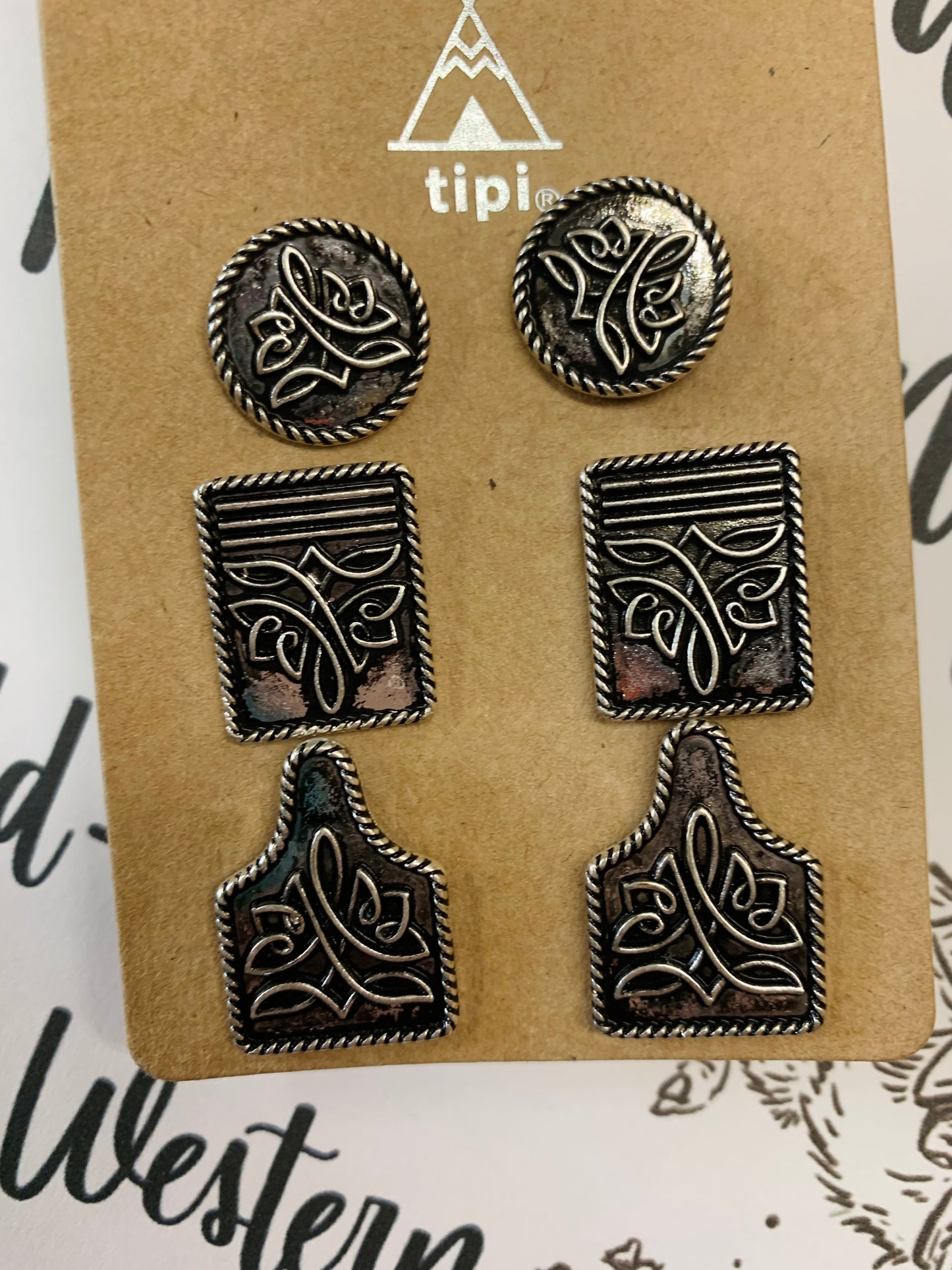 3 Piece Silvertone Bootstitch Stud Earring Set