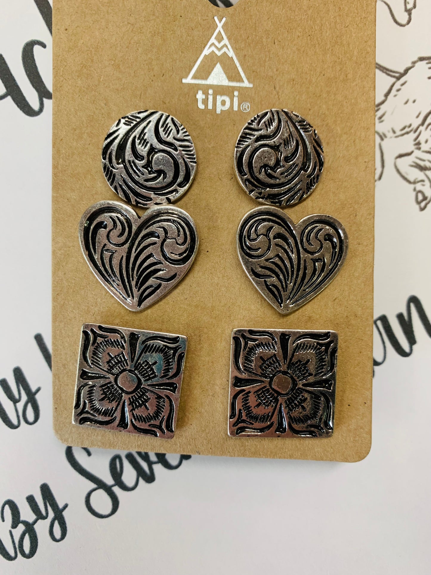 3 Piece Silvertone Stud Earring Set