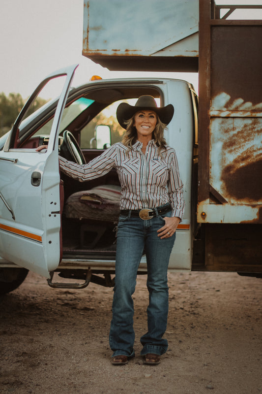 Women’s Wrangler Pink & Grey Striped Western Snap Shirt