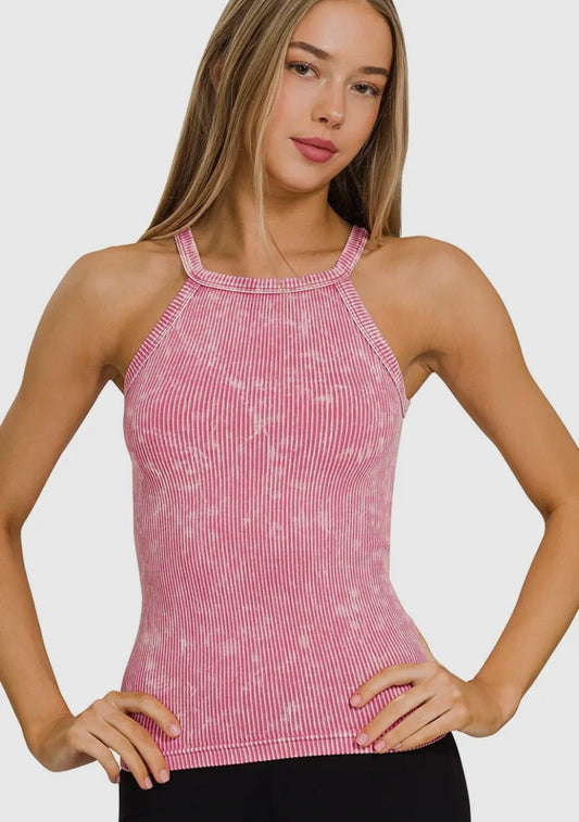 Seamless Ribbed Halter Neck Tank Top - Pink