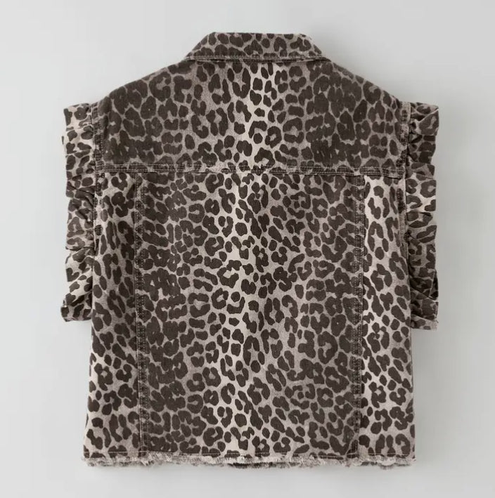 Leopard Ruffle Sleeve Denim Vest