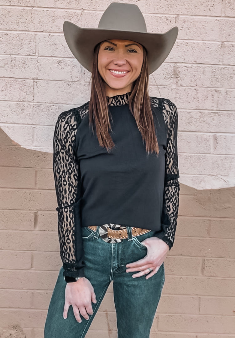 Black Leopard Mesh Sleeve Longsleeve Top