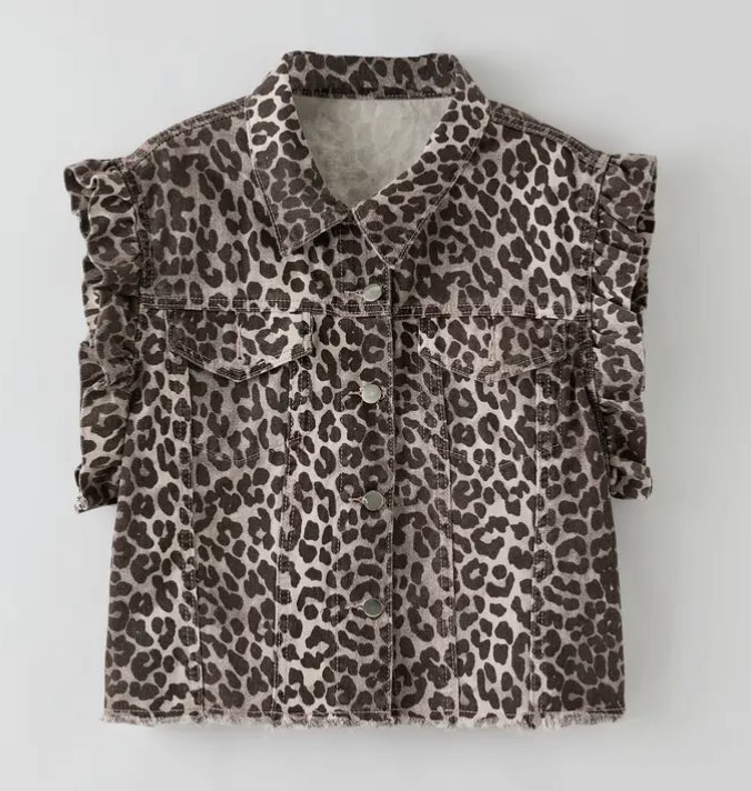 Leopard Ruffle Sleeve Denim Vest