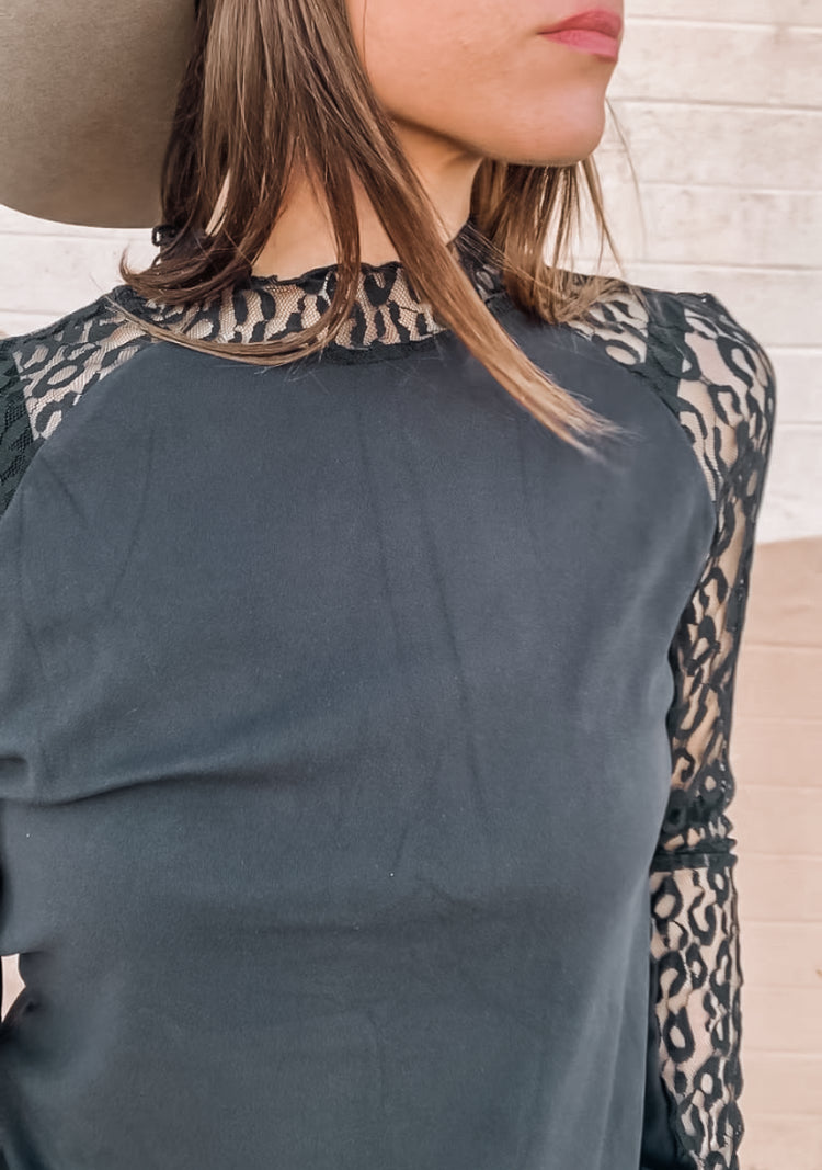 Black Leopard Mesh Sleeve Longsleeve Top
