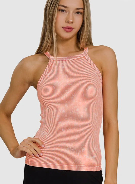 Seamless Ribbed Halter Neck Tank Top - Coral