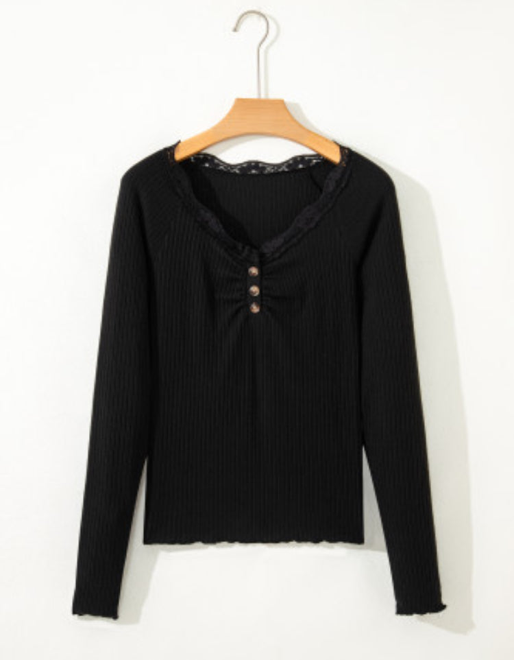 Ebony V-Neck Ribbed Longsleeve Top