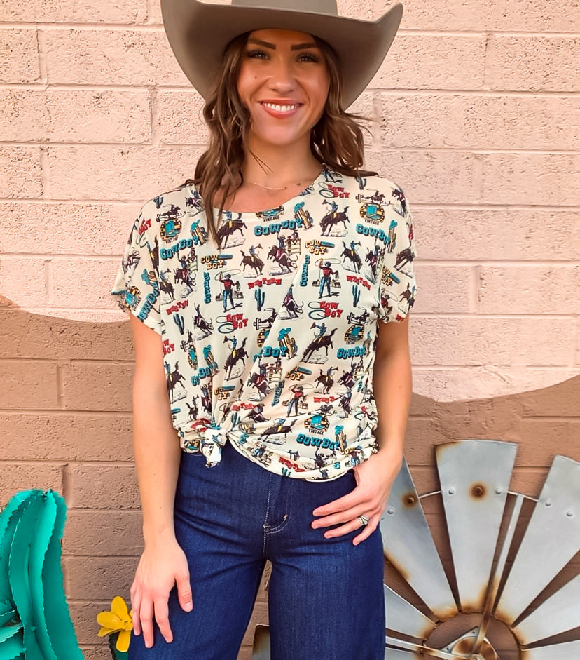 Cowboy Collage Western Mesh Top