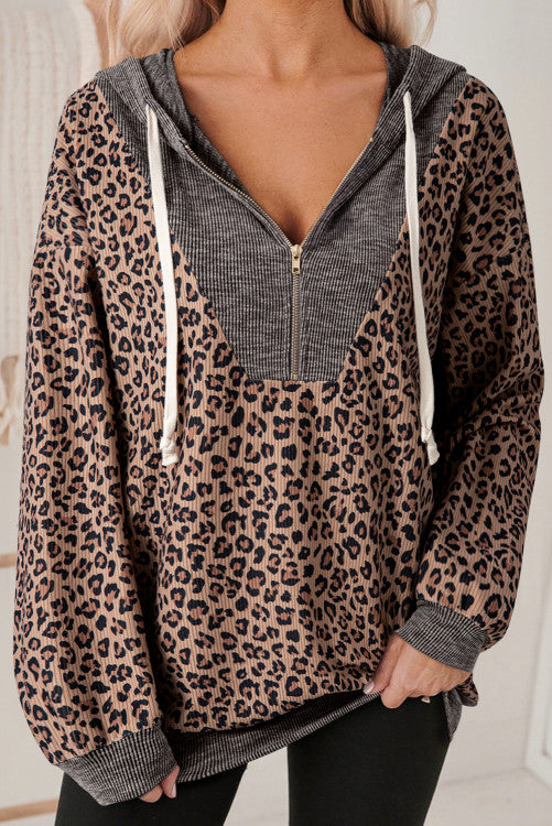 Khaki 1/2 Zip Ribbed Leopard Print Hooded Pullover