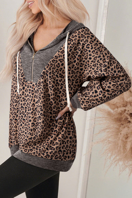 Khaki 1/2 Zip Ribbed Leopard Print Hooded Pullover
