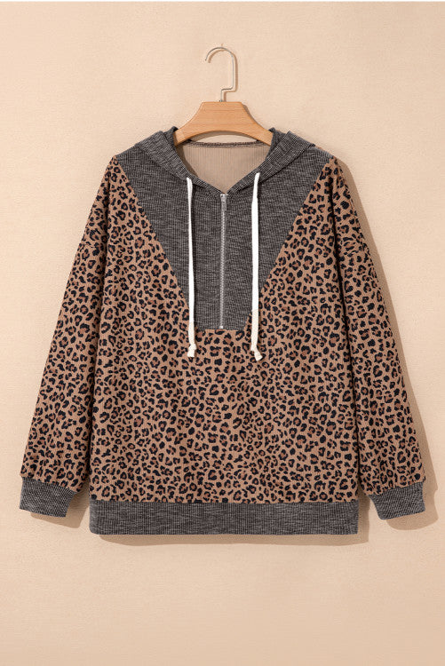 Khaki 1/2 Zip Ribbed Leopard Print Hooded Pullover