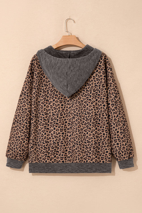 Khaki 1/2 Zip Ribbed Leopard Print Hooded Pullover